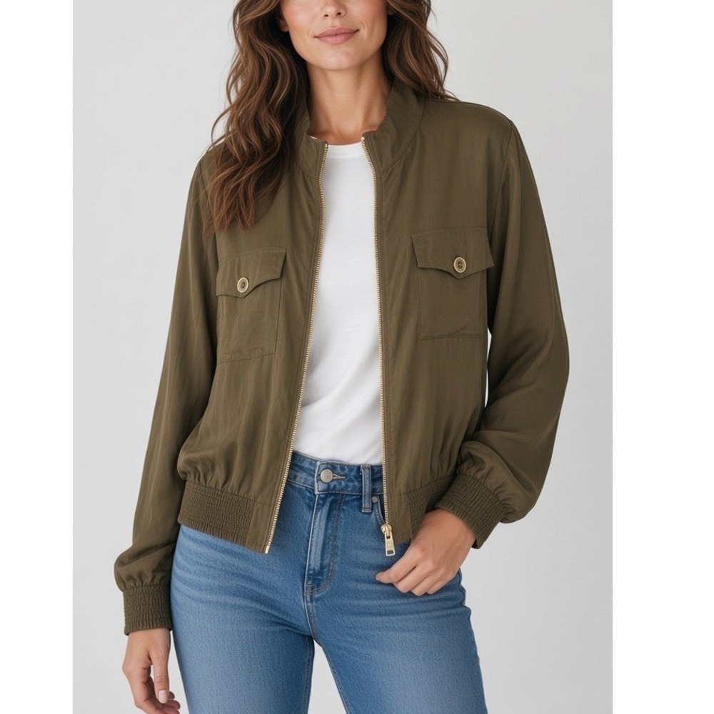 Spartina 449 Women L NWT Charleigh Cropped Bomber Jacket Cupro Olive Green